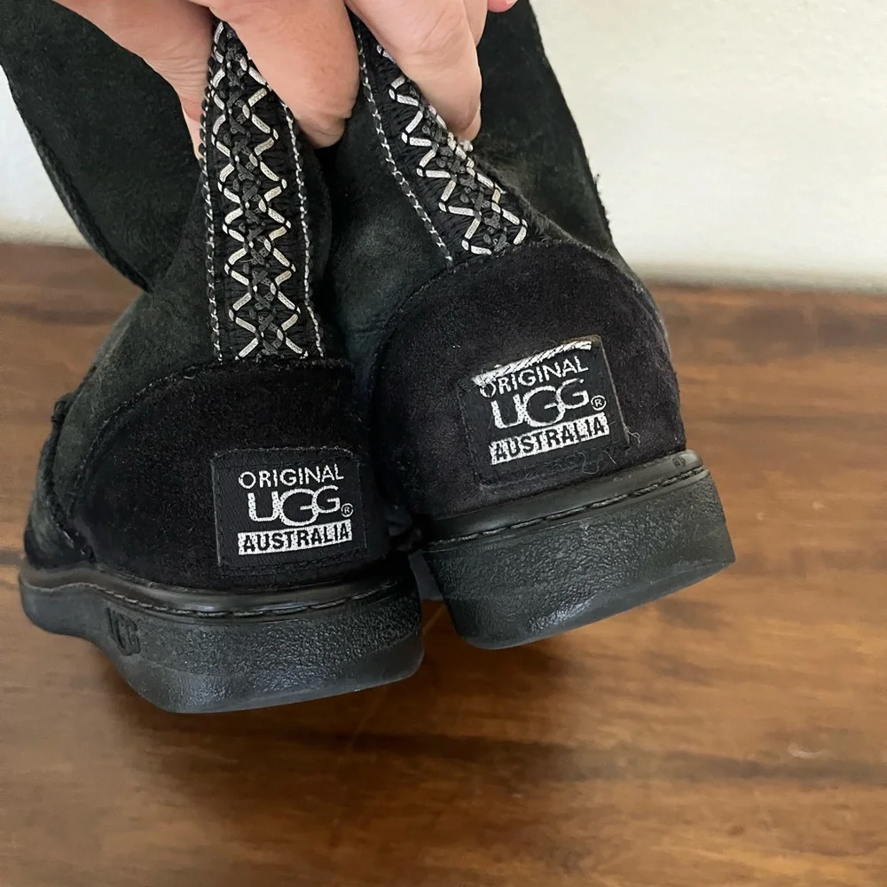 Vtg Original UGG Australia Boots Black Suede Shearling Embroidered Stitching